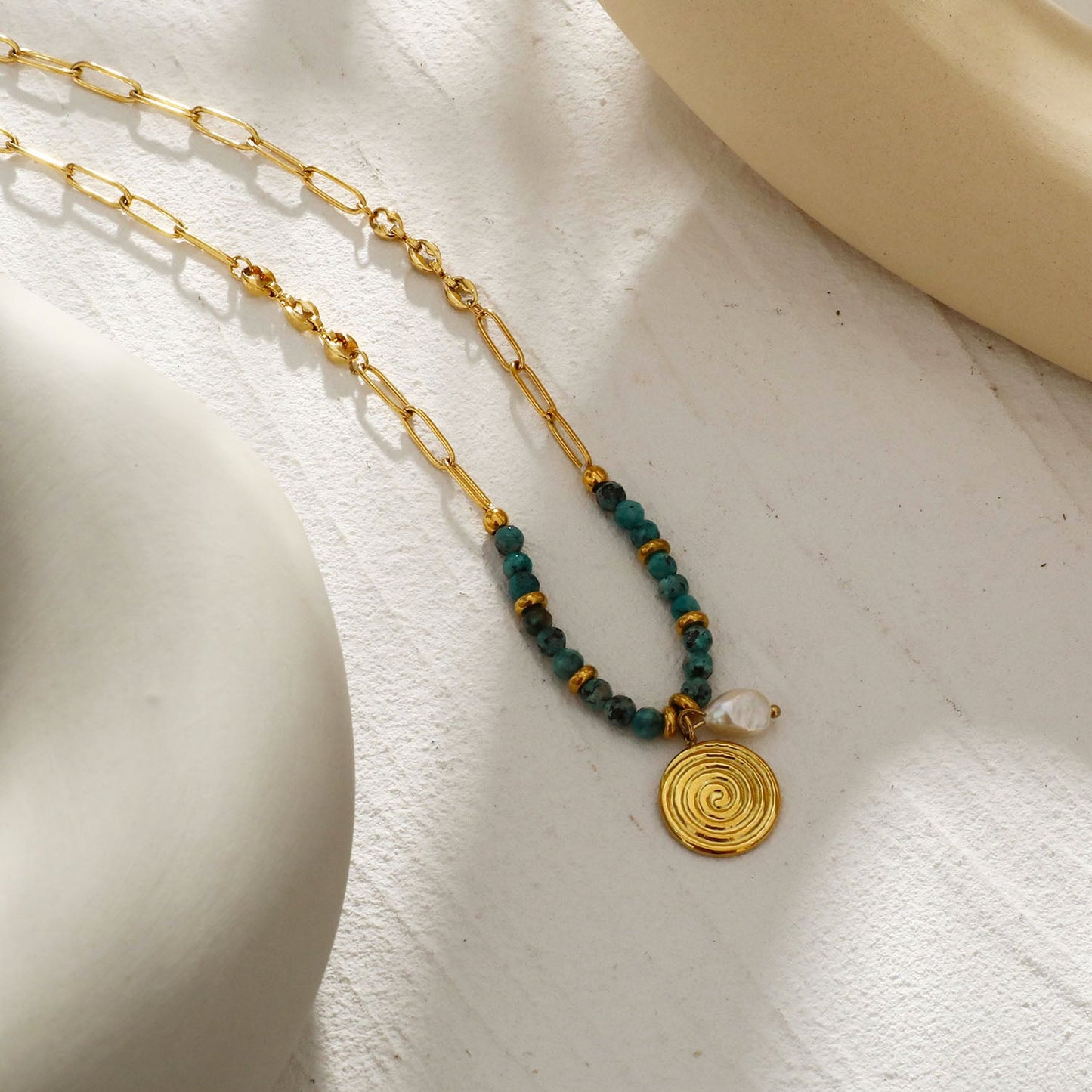 MEDELLIN: Contemporary Link Chain With AFRICAN TOURQUOISE Beads and a Duo of Pendants