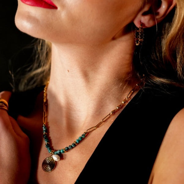 MEDELLIN: Contemporary Link Chain With AFRICAN TOURQUOISE Beads and a Duo of Pendants