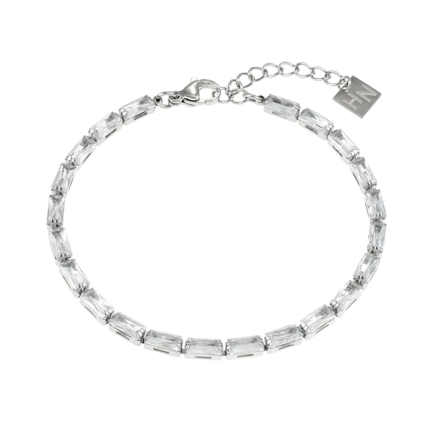 MELLISH: Retro Style Rectangle Zirconia (CZ) Tennis Bracelet in Silver Toned White Gold