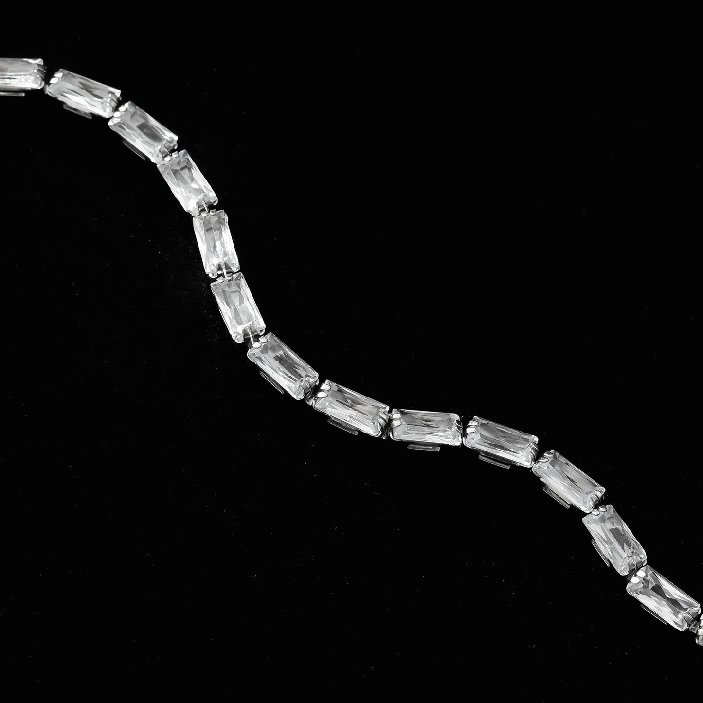 MELLISH: Retro Style Rectangle Zirconia (CZ) Tennis Bracelet in Silver Toned White Gold