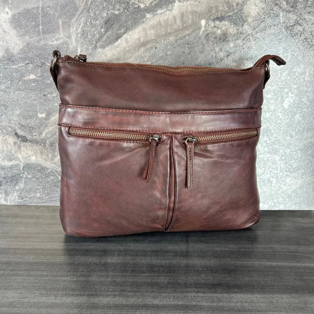 MET Leather Crossbody Bag with Dual Zipper Pockets