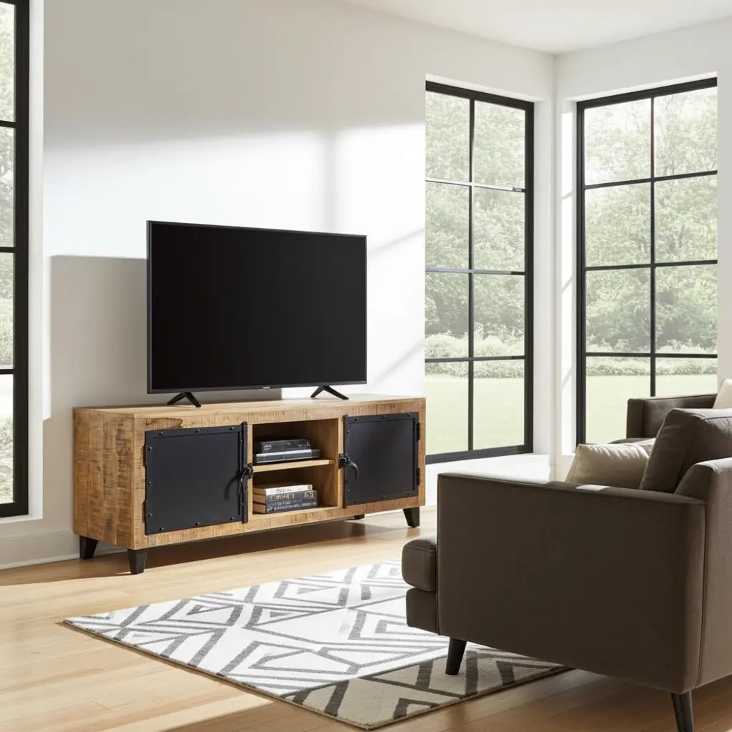 Meuble Télé bois de manguier avec porte d'acier noir