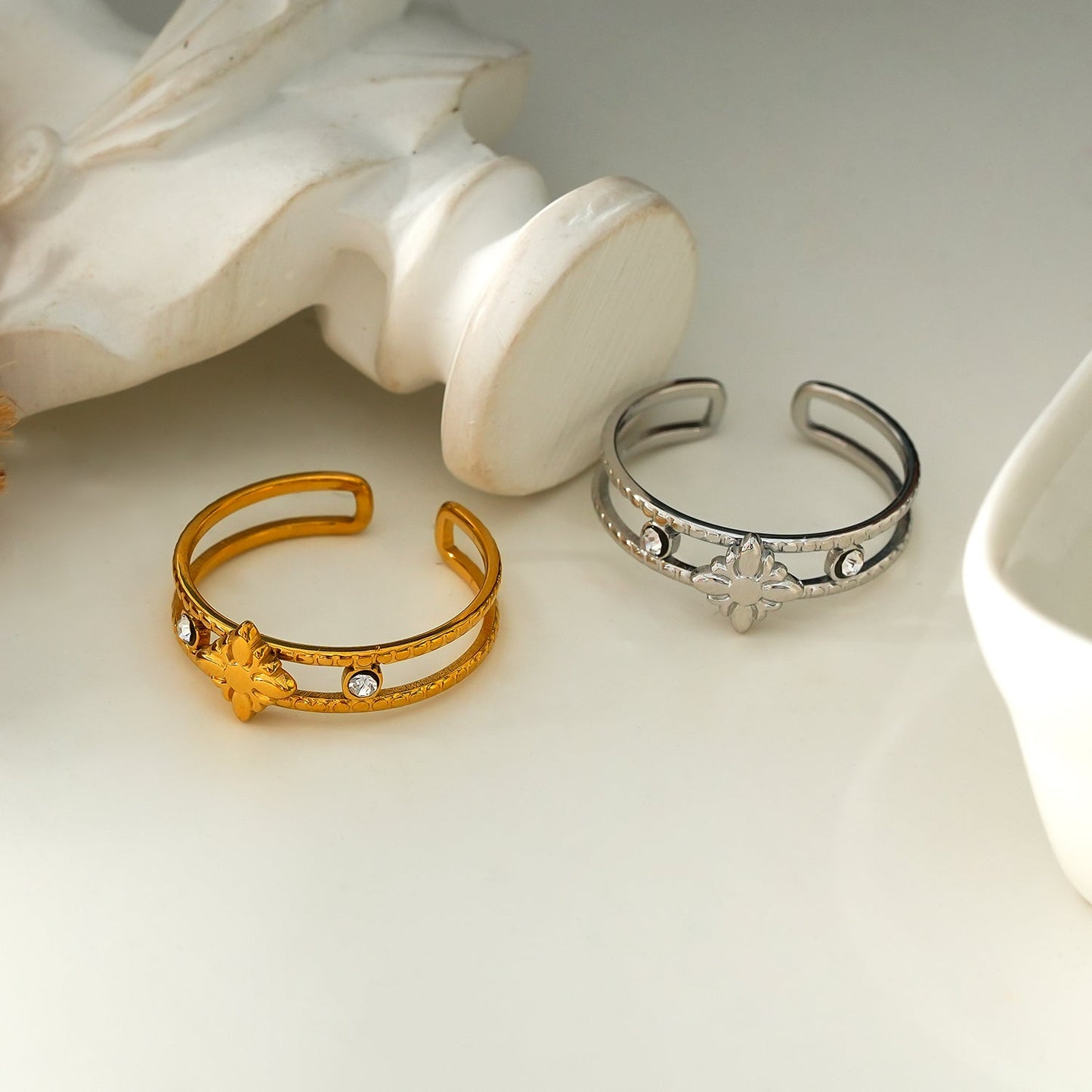 MICHELE White Gold (Silver Toned):  Vintage Inspired Double Stacked Ring.