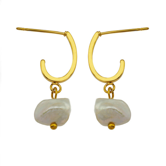 MILANO: Natural Freshwater Pearl J-Bar Drop Earrings in Gold