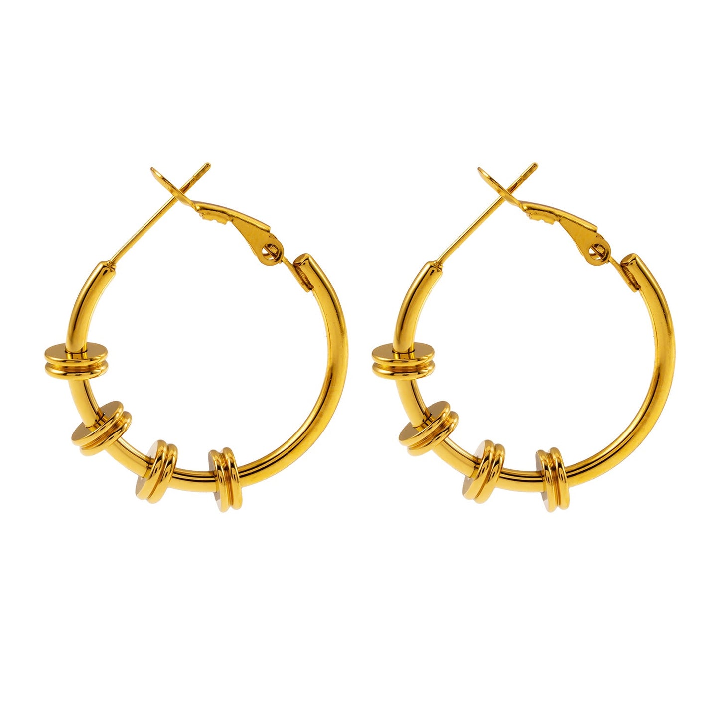 MINATO: Modernist Hoop Earrings Anchoring Industrial-Chic Double Discs.