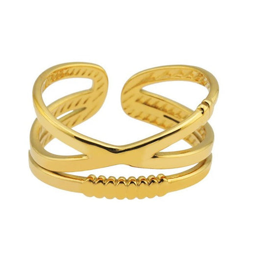 MIRANDA: Cross Over Triple Band Stacked Gold Ring