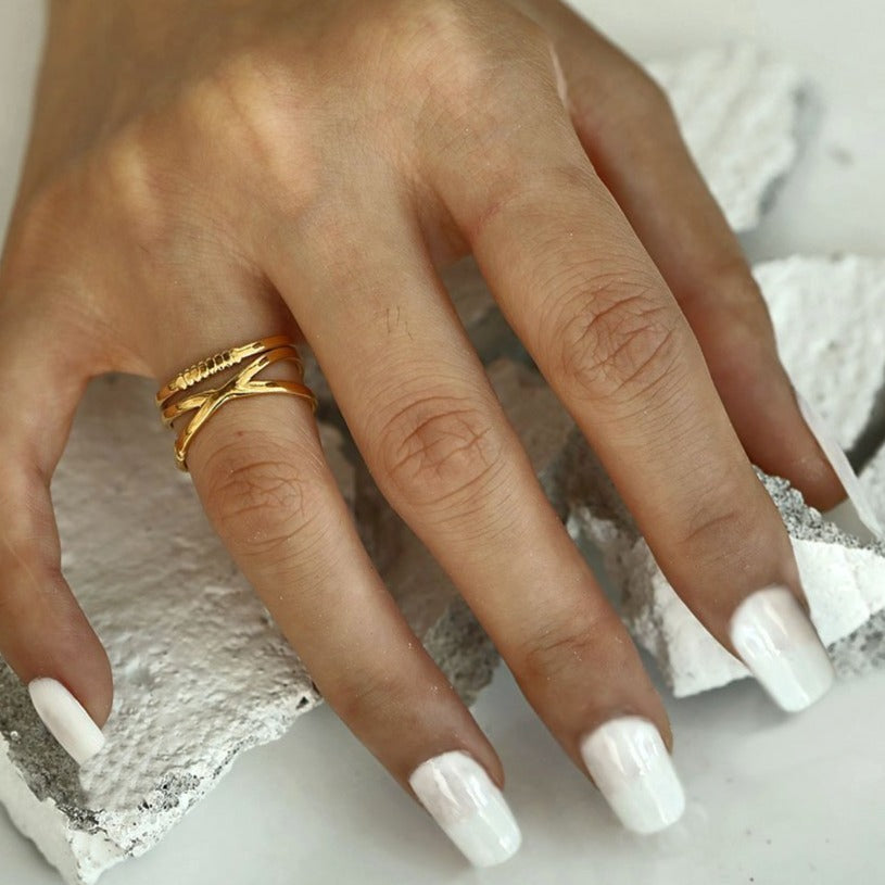MIRANDA: Cross Over Triple Band Stacked Gold Ring