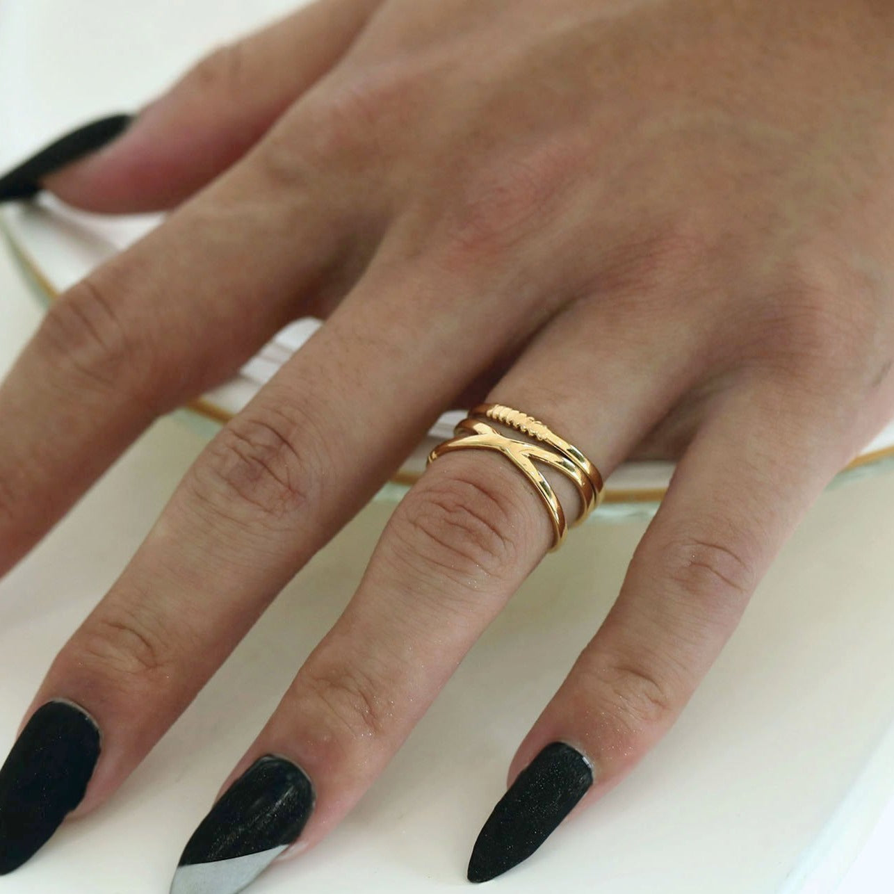 MIRANDA: Cross Over Triple Band Stacked Gold Ring