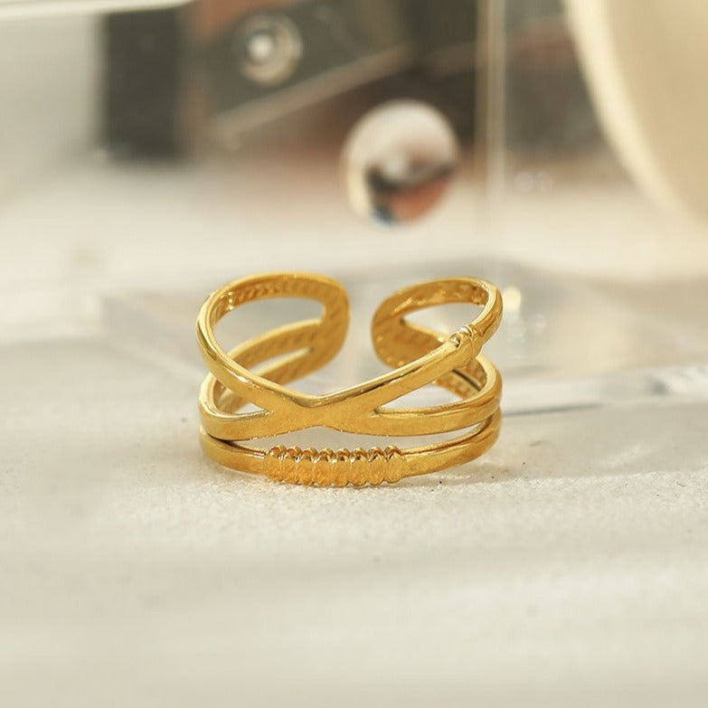 MIRANDA: Cross Over Triple Band Stacked Gold Ring