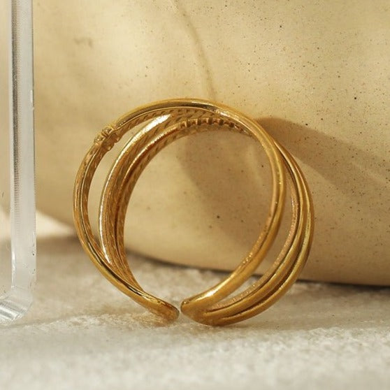 MIRANDA: Cross Over Triple Band Stacked Gold Ring