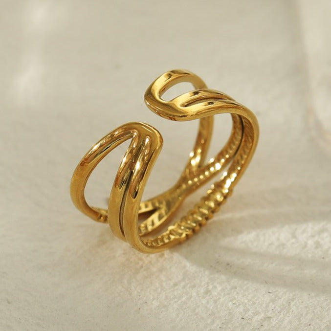 MIRANDA: Cross Over Triple Band Stacked Gold Ring