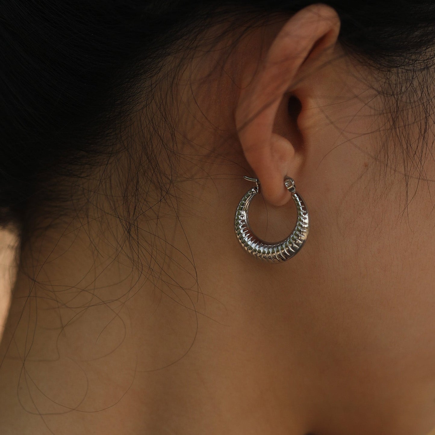 MISCHA Textured Chunky Hoops Silver