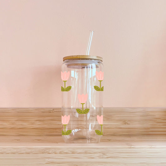 Verre boho - Tulipes roses