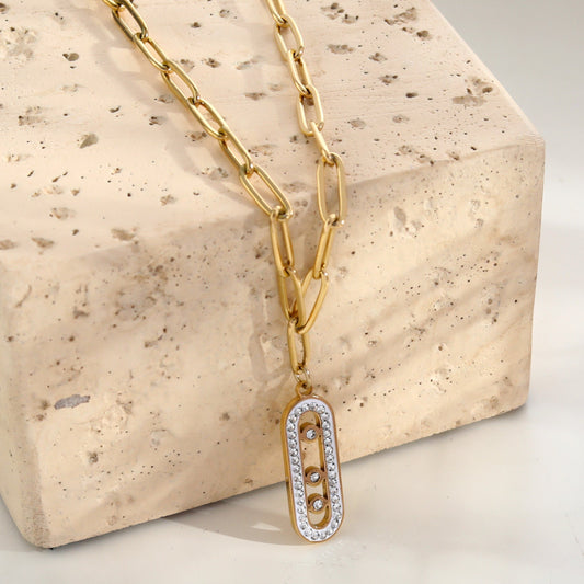 MORNA Paper Clip Chain with Zirconia Accented Geometric Pendant Gold