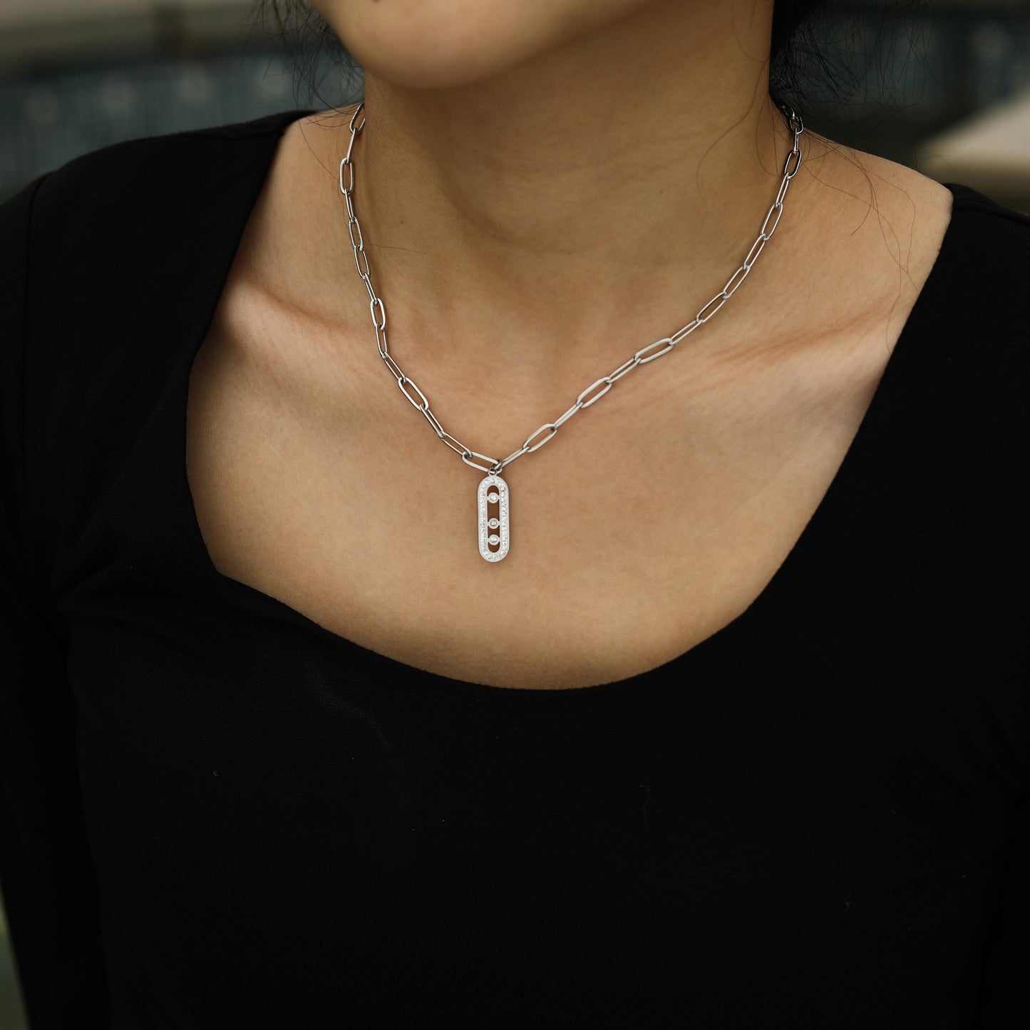 MORNA Paper Clip Chain with Zirconia Accented Geometric Pendant Silver