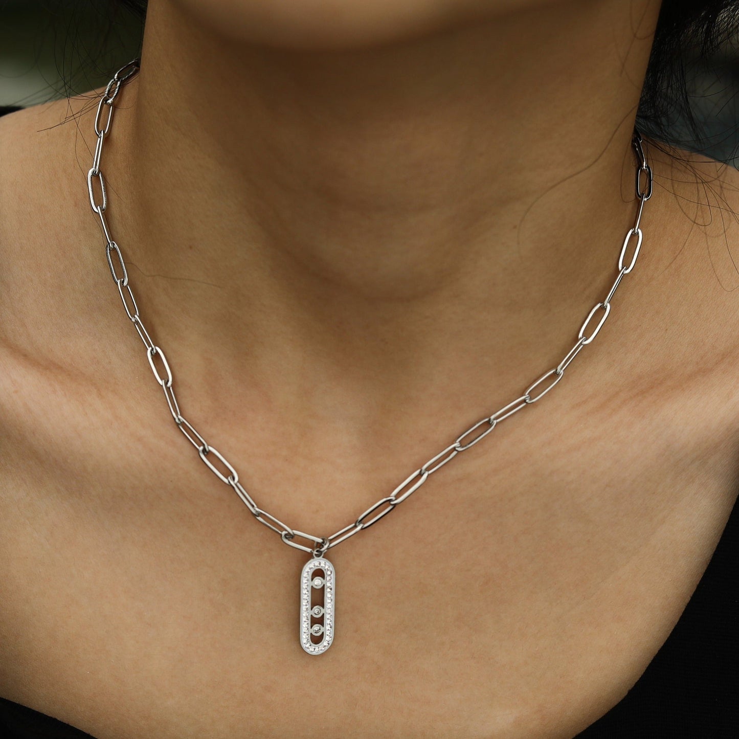 MORNA Paper Clip Chain with Zirconia Accented Geometric Pendant Silver