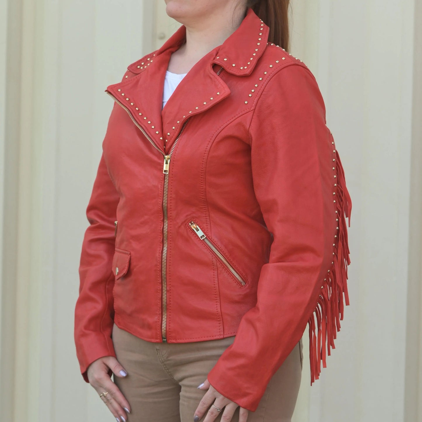 Women's Studded Leather Jacket with Removable Fringe
