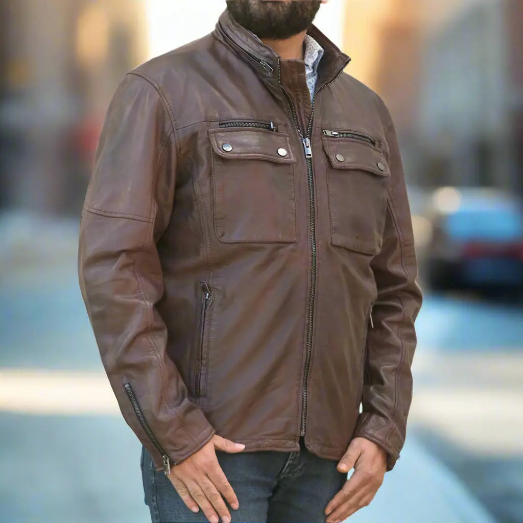 Men's Dual Flap Pockets Leather Jacket