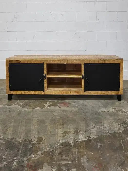 Meuble Télé bois de manguier avec porte d'acier noir