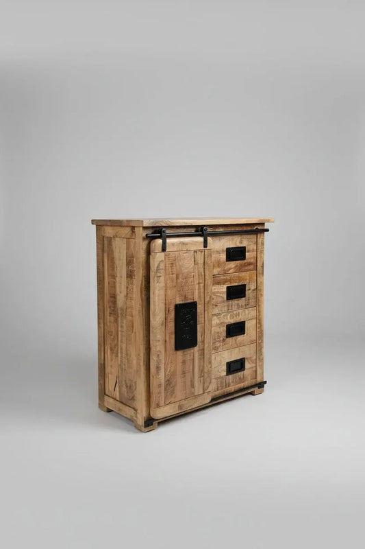 Meuble Commode Farmhouse en bois de manguier brut porte coulissante