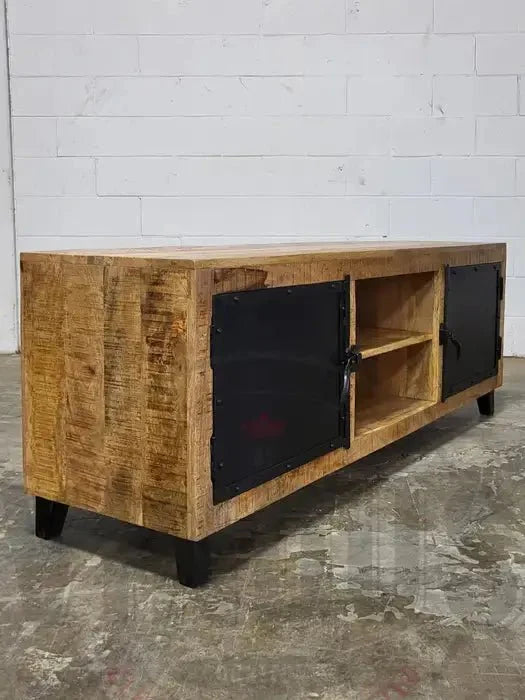 Meuble Télé bois de manguier avec porte d'acier noir