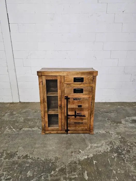 Meuble cabinet style container en bois de manguier avec porte en verre et 2 tiroirs
