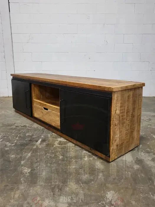 Meuble télé en bois de manguier avec 2 portes coulissantes en acier