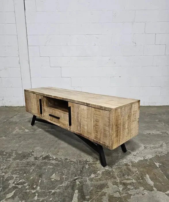Meuble télé en bois de manguier brut sur patte en acier noir