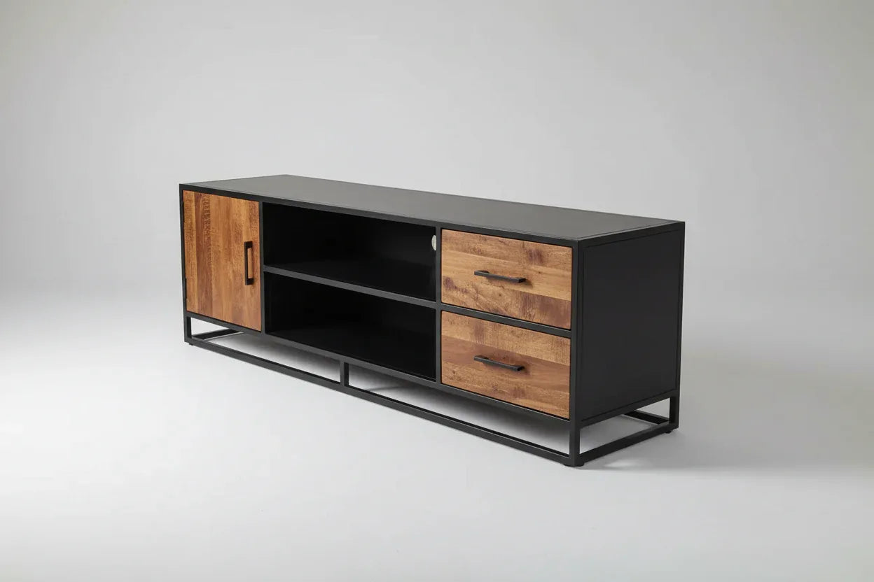 Meuble télé en bois de manguier et structure d'acier noir