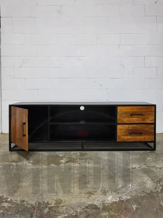 Meuble télé en bois de manguier et structure d'acier noir