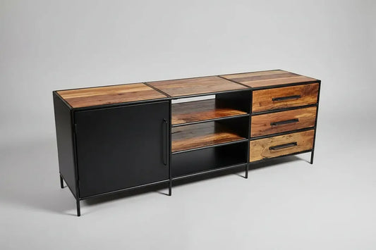Meuble télé en bois recyclé avec porte en acier et 3 tiroirs