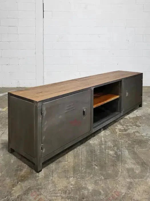 Meuble télé industriel bois antique et acier avec 2 portes style casier