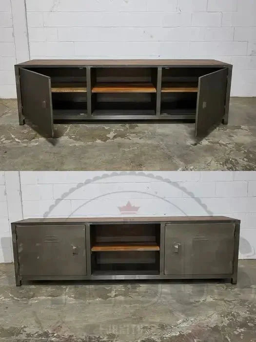 Meuble télé industriel bois antique et acier avec 2 portes style casier