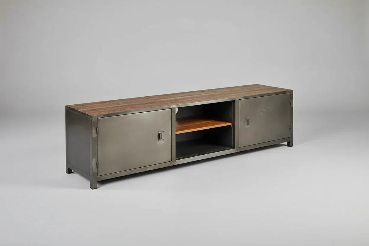 Meuble télé industriel bois antique et acier avec 2 portes style casier
