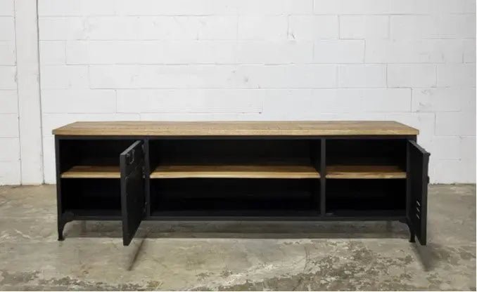 Meuble télé industriel en acier noir style casier dessus en bois de manguier
