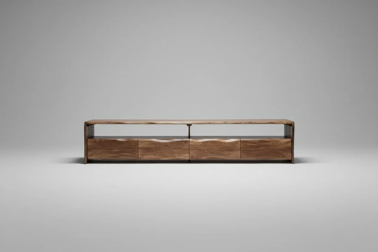 Meuble télé en bois d'Acacia Live Edge (Walnut) avec 4 tiroirs
