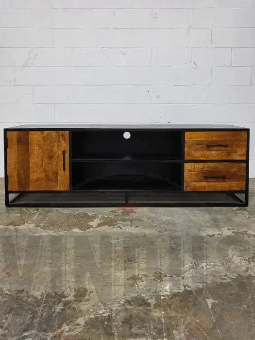 Meuble télé en bois de manguier et structure d'acier noir