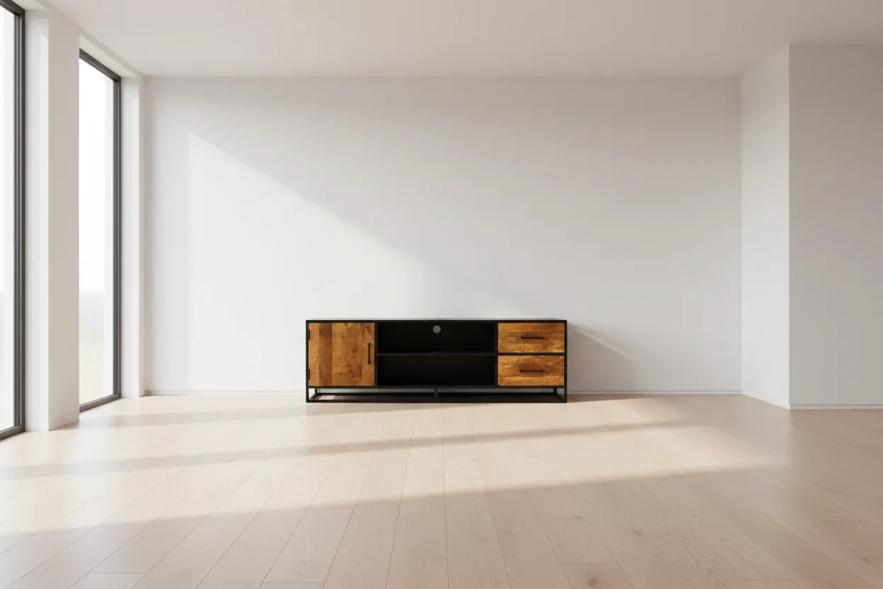 Meuble télé en bois de manguier et structure d'acier noir
