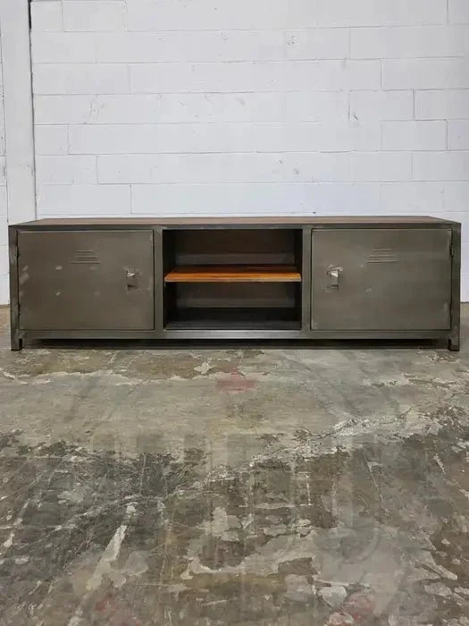 Meuble télé industriel bois antique et acier avec 2 portes style casier