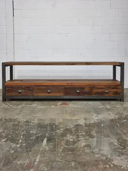 Meuble tv industriel bois Recyclé et acier avec 4 tiroirs