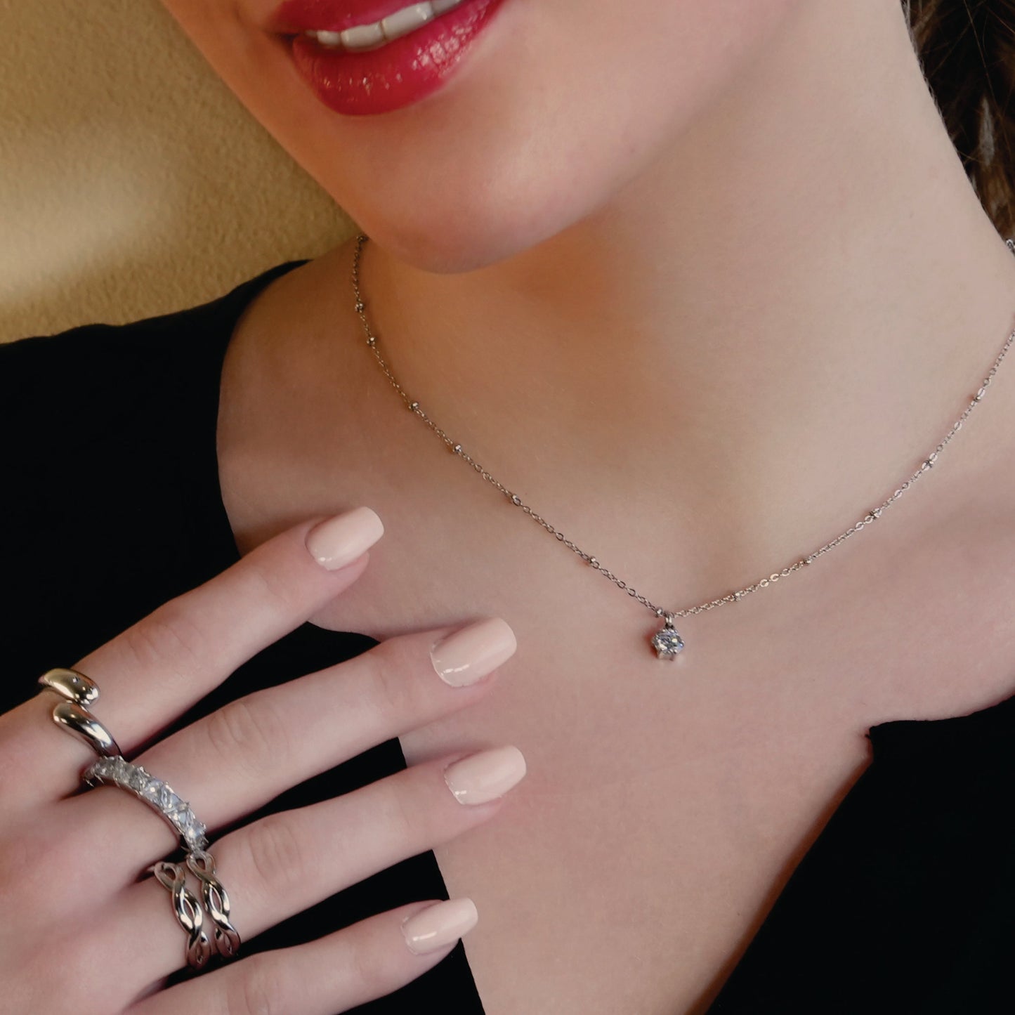 KADIRI Silver:  Solitaire Zirconia Charm Pendant on a Beaded Chain Necklace