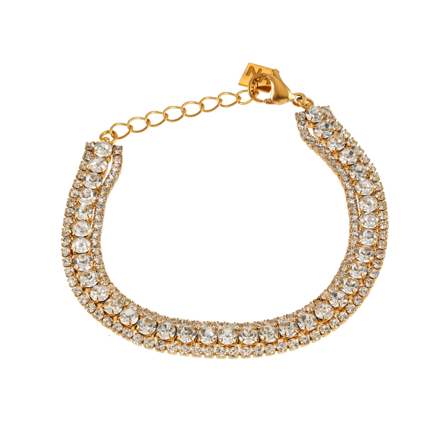 NANDAMA Gold: Triple Layered - Three-Row Zirconia (CZ) Tennis Bracelet with Bold Centerpiece. Stacked for Glamour.