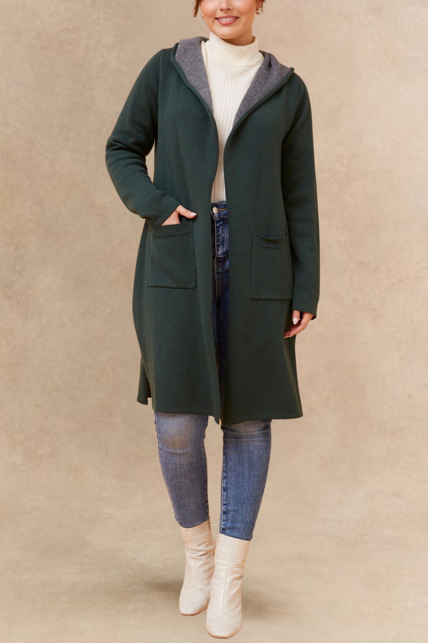 Nora Hooded Open Front Long Cardigan Lightweight Two Tone Casual Trendy