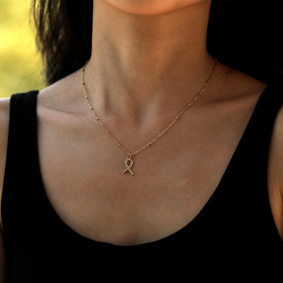 RIBBON: Cancer Fighter Pendant with a Pavé Zirconia Ribbon in Gold
