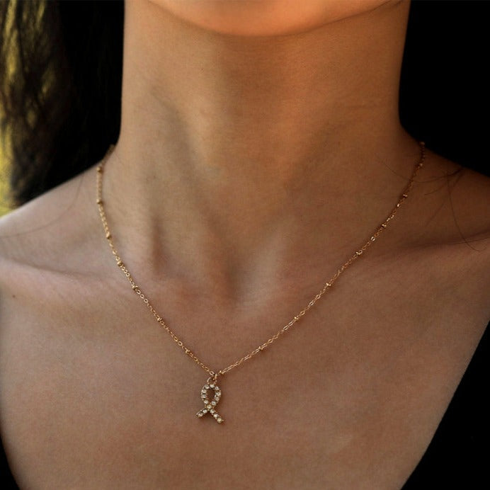 RIBBON: Cancer Fighter Pendant with a Pavé Zirconia Ribbon in Gold