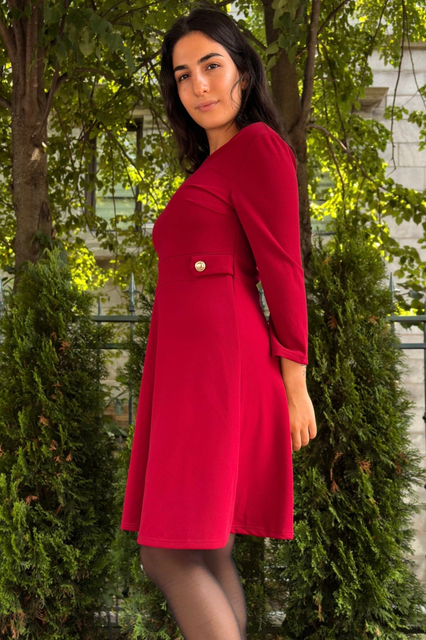 Nathalie A-Line Dress with Gold Button Detail