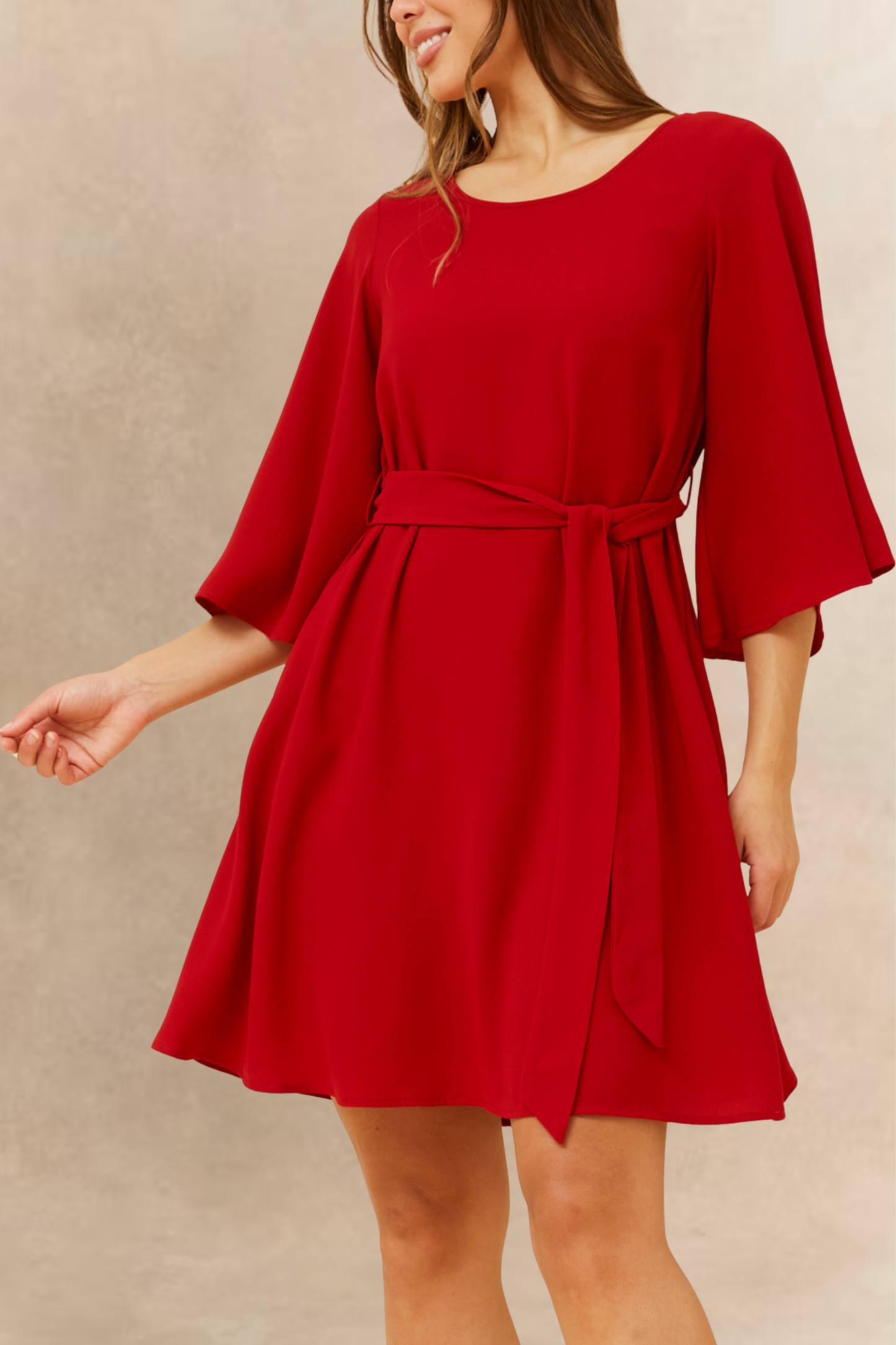 Jennifer Women's Flared Sleeve Belted Dress Solid Color