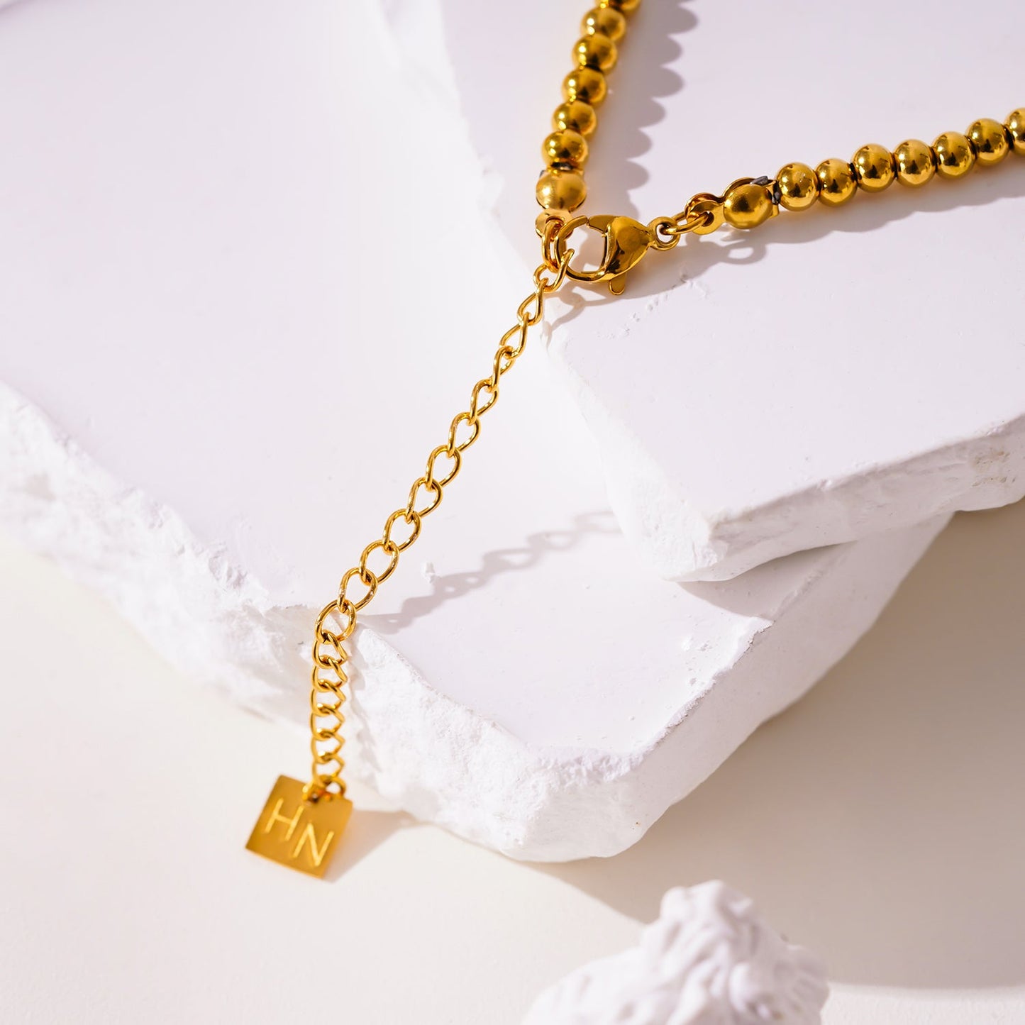 OSTIA: Chalcedony Stones, Fresh Water Pearls & Gold Ball-Beaded Necklace.