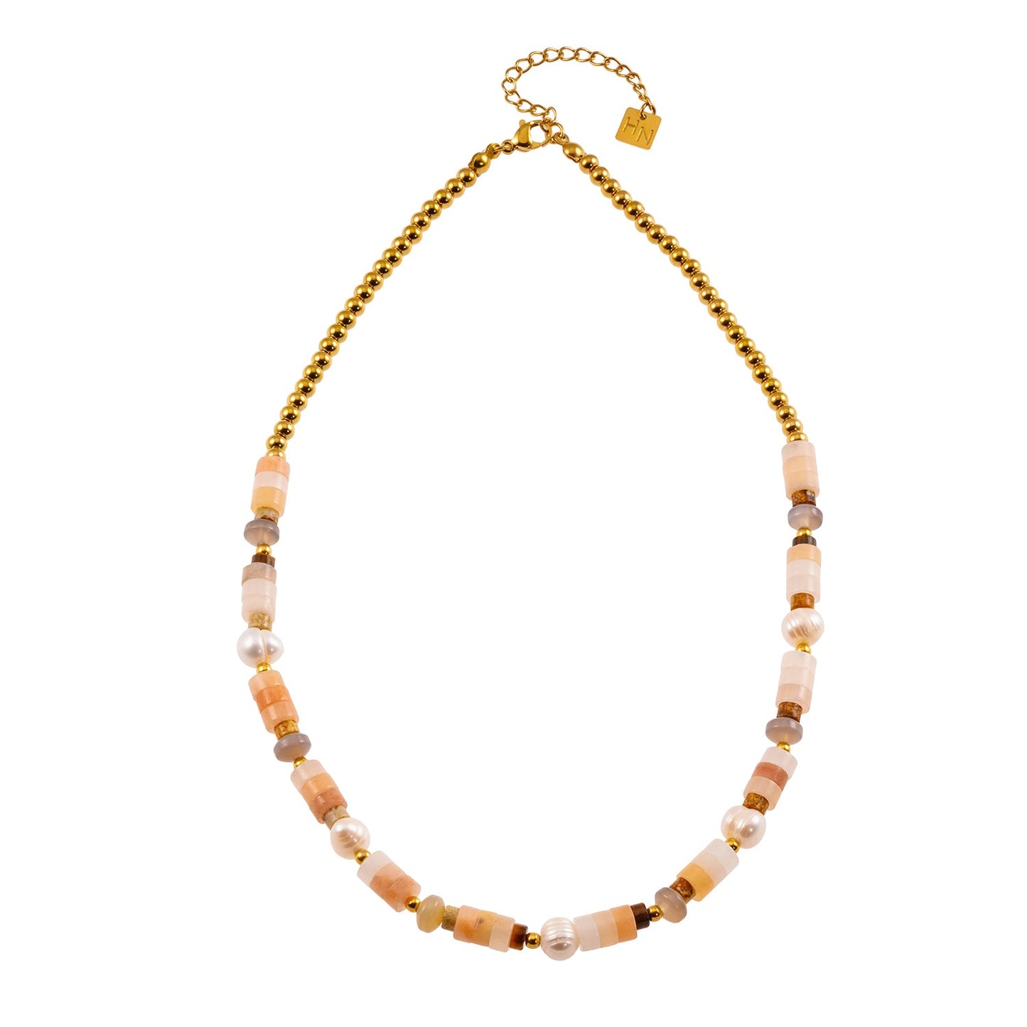 OSTIA: Chalcedony Stones, Fresh Water Pearls & Gold Ball-Beaded Necklace.