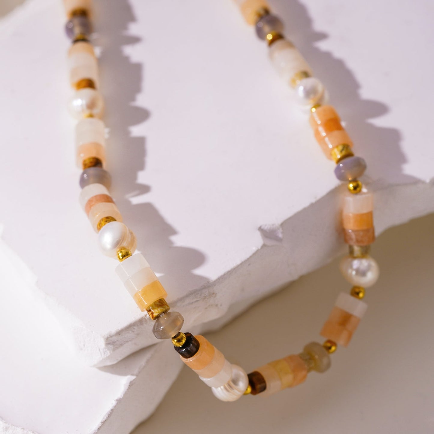 OSTIA: Chalcedony Stones, Fresh Water Pearls & Gold Ball-Beaded Necklace.